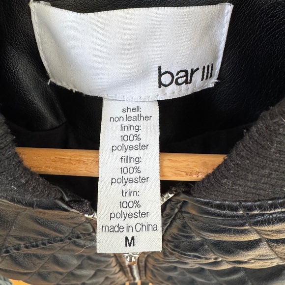 Bar III Black Quilted Leather-Like Bomber Jacket Sz Med - Picture 3 of 3